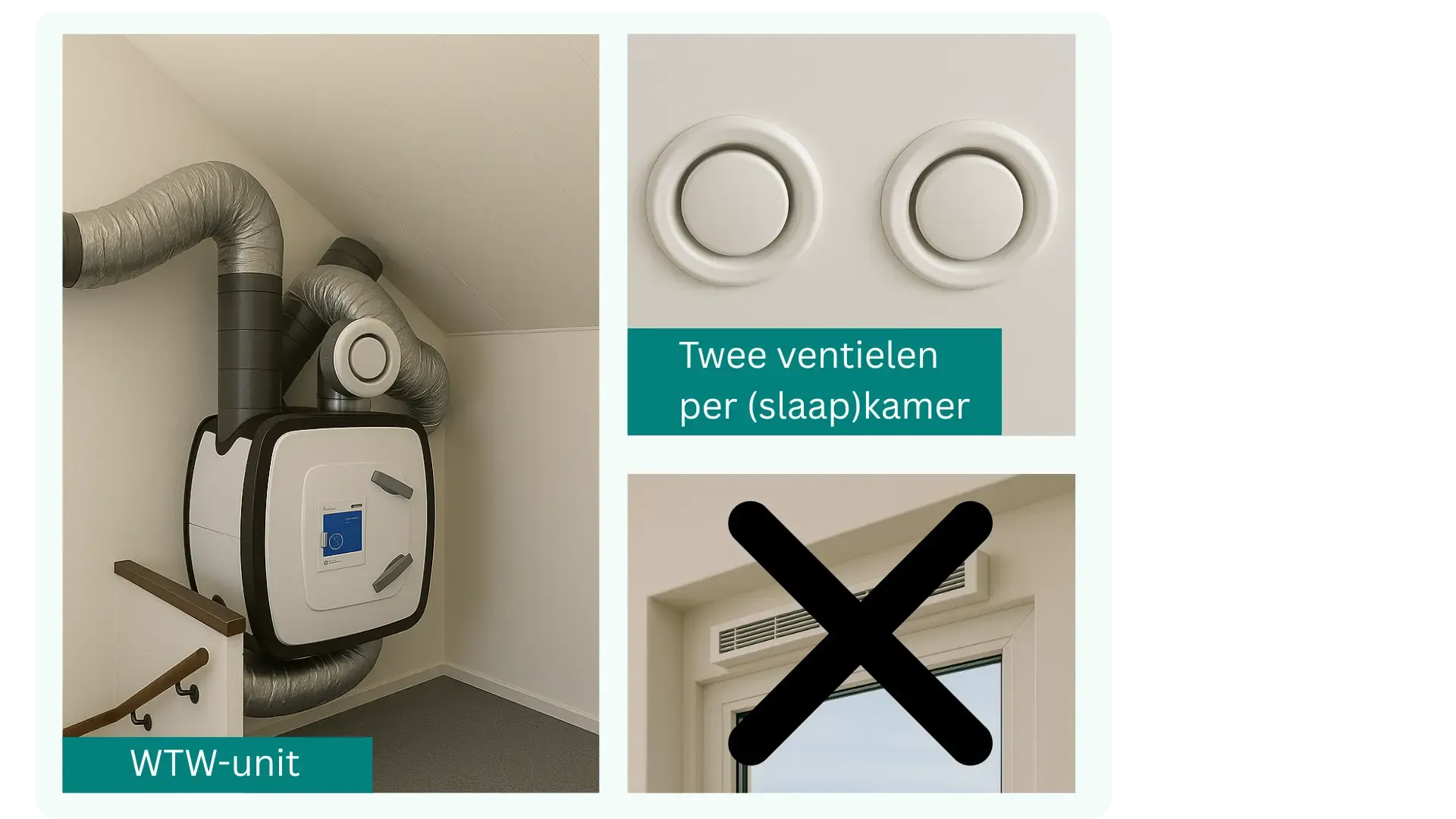Ventilatie type D met twee ventielen per (slaap)kamer en een warmteterugwinningunit