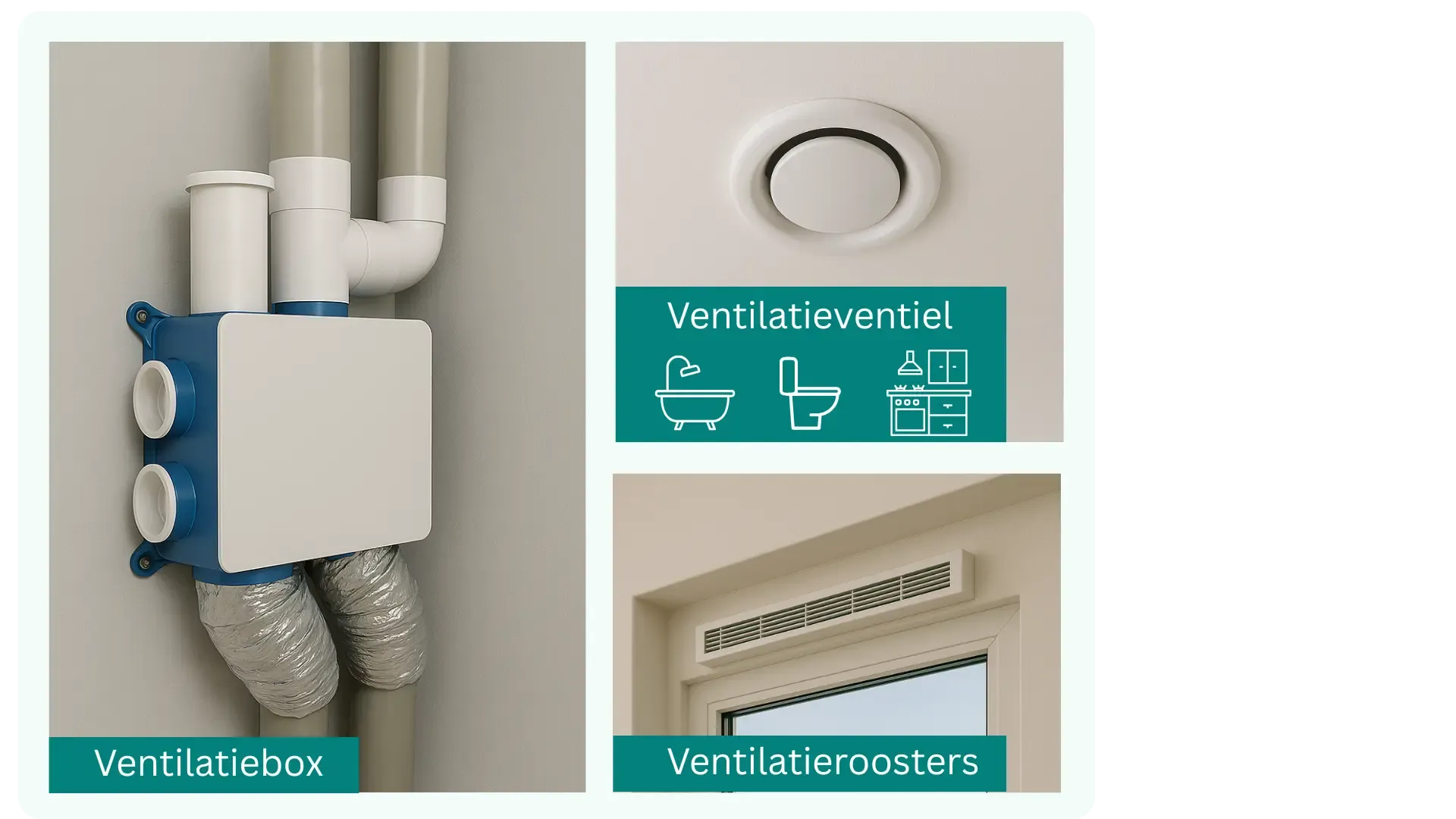 Ventilatie type C met roosters en actieve afzuiging met een ventilatiebox